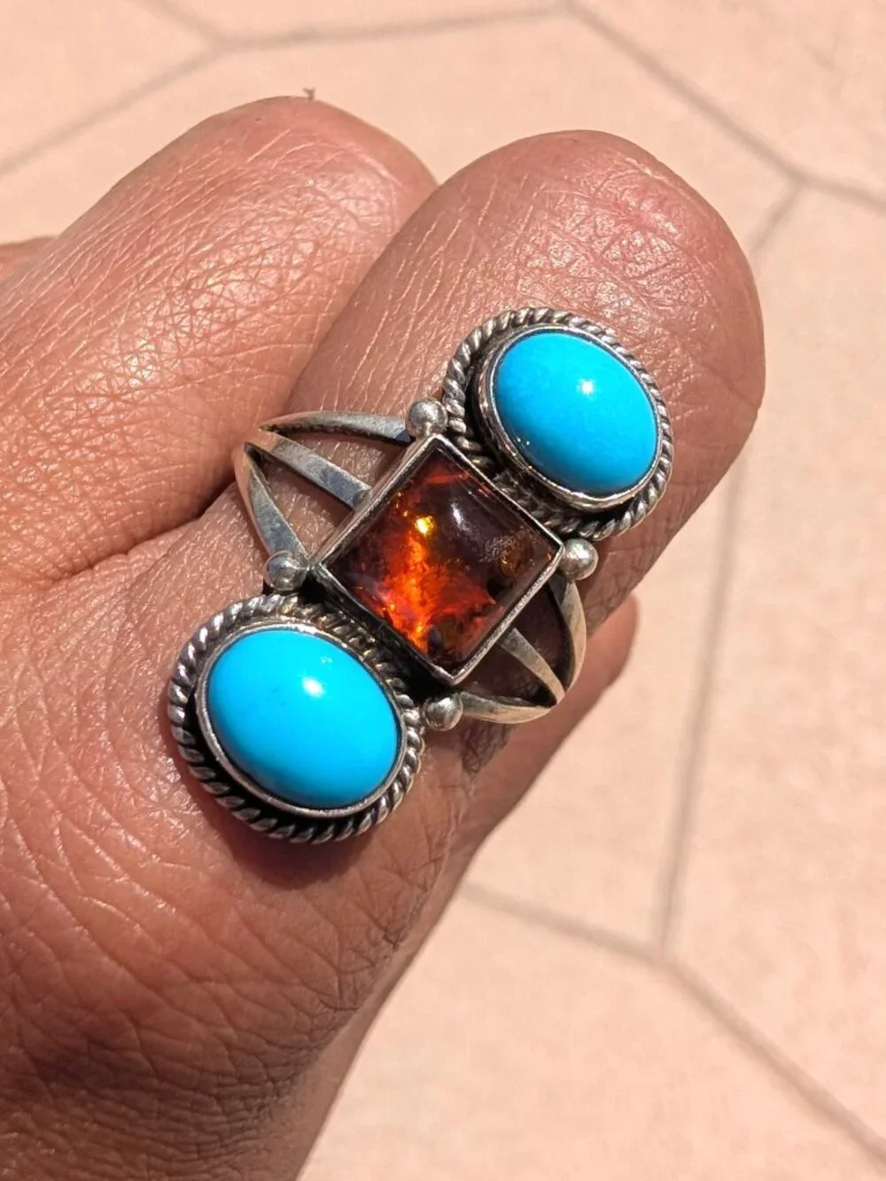 Native American Ring Turquoise & Amber Size 7.5 Sterling Silver 6g Signed RB